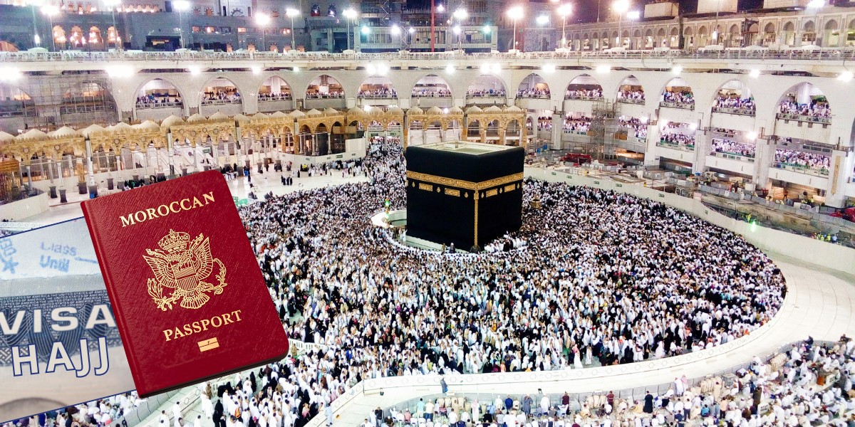 Passeport marocain et visa Hajj sur fond de La Mecque