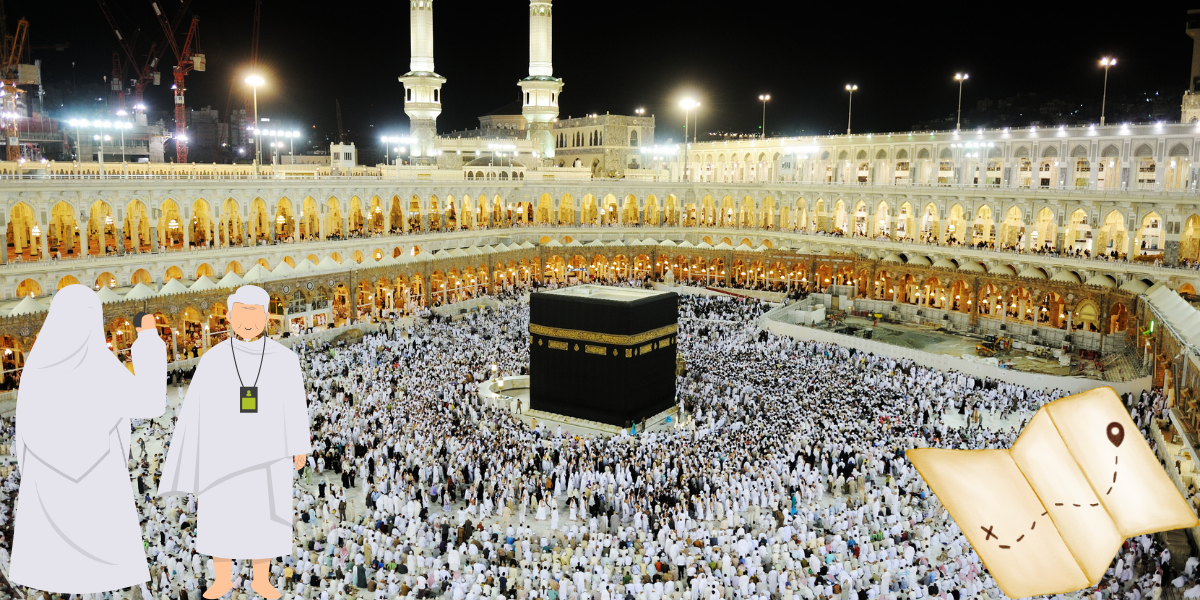 Illustration pour l'Accompagnement Omra 2026 montrant deux pèlerins âgés en tenue blanche devant la Kaaba illuminée de nuit, avec une icône de carte, symbolisant l'excellence de l'encadrement logistique et le guidage précis de Direct Mecca.