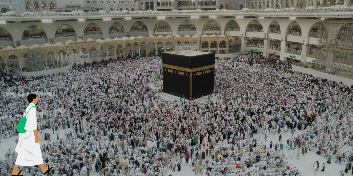 Accompagnement Omra 2026 : votre guide pour un pèlerinage serein avec Direct Mecca Illustration pour l'Accompagnement Omra 2026 montrant un pèlerin marchant vers la Kaaba au sein d'une foule dense, symbolisant la sécurité, l'assistance aux personnes âgées et la gestion logistique assurée par un accompagnateur durant le séjour à La Mecque.