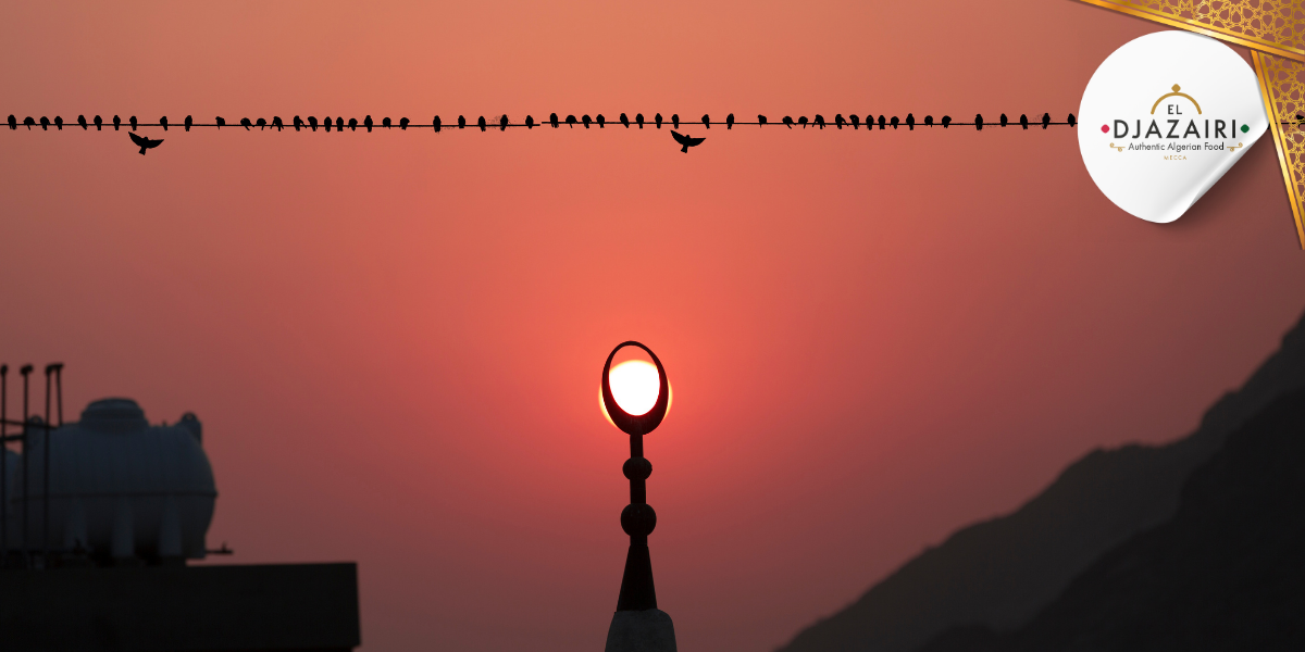 Coucher de soleil sur les montagnes de La Mecque avec une rangée d'oiseaux sur un fil, mettant en avant le logo du restaurant El Djazairi pour un Ftour traditionnel aux saveurs algériennes durant le Ramadan.