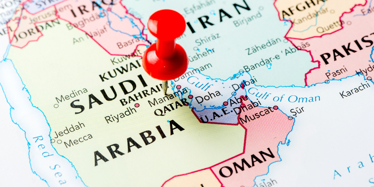 Carte du Moyen-Orient centrée sur l'Arabie Saoudite, illustrant les différents types de visas disponibles pour les Tunisiens