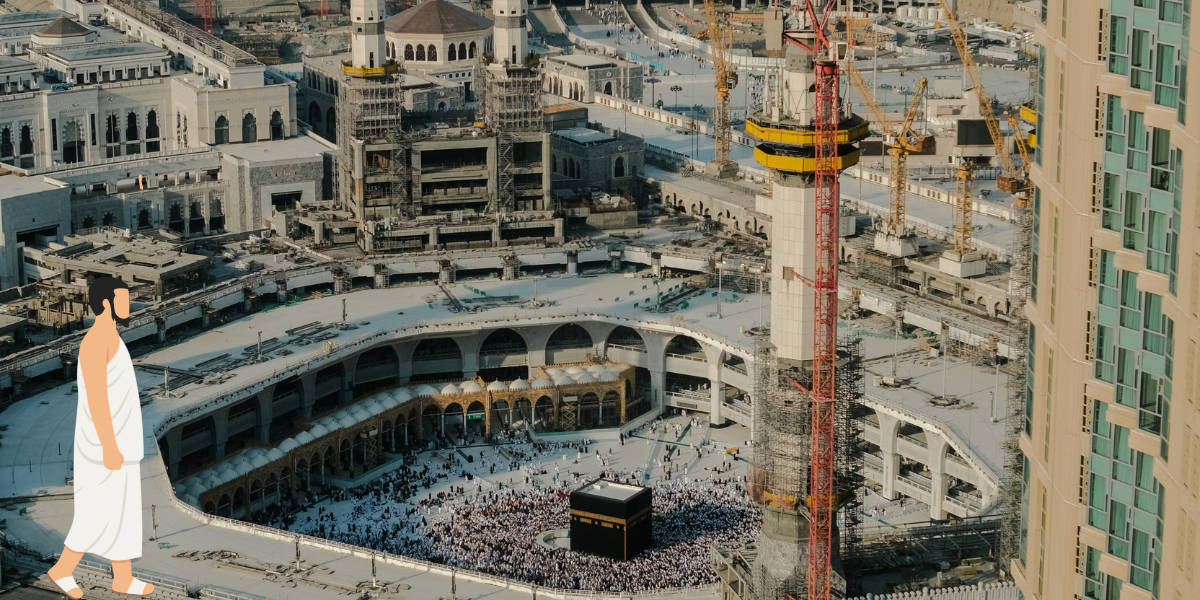 Vue panoramique du Masjid al-Haram avec un pèlerin en habit d'Ihram, illustrant l'excellence du service de Omra Badal de Direct Mecca et l'engagement d'une réalisation rigoureuse attestée par une preuve visuelle.