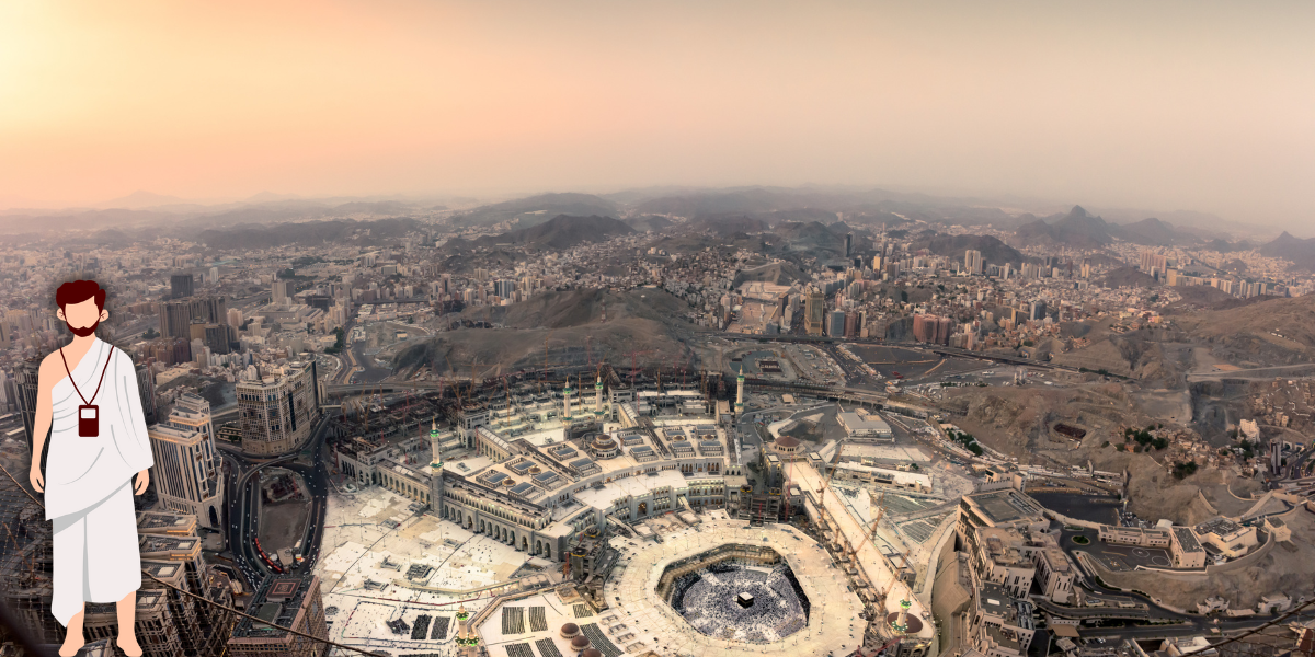 Vue panoramique aérienne de la ville de La Mecque et du Masjid al-Haram au coucher du soleil avec un pèlerin en Ihram, illustrant le sérieux et la transparence du service de Omra Badal proposé par Direct Mecca.