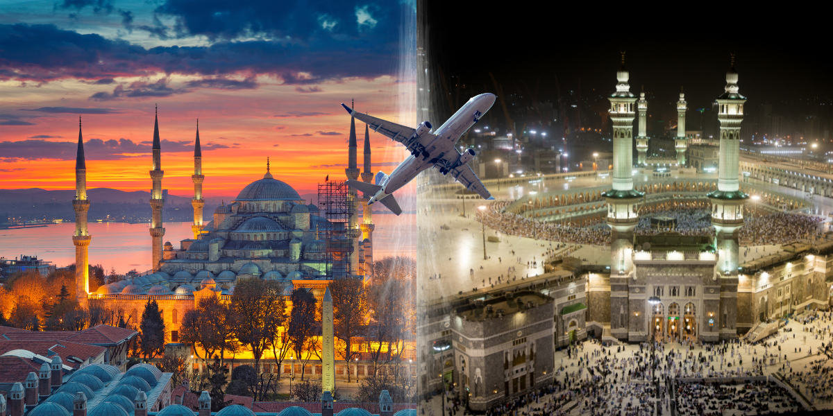 Montage illustrant le voyage de la Omra de Lyon avec Turkish Airlines, montrant la transition entre Istanbul et La Mecque via un vol en escale.