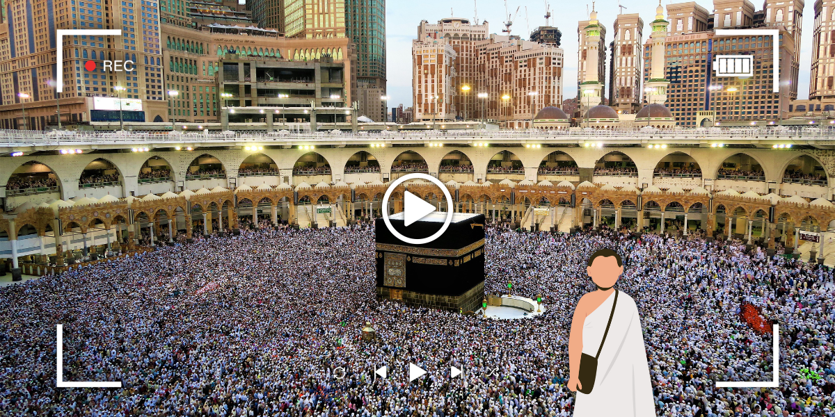 Interface d'enregistrement vidéo montrant un mandataire de confiance en tenue d'Ihram devant la Kaaba à Mecca, garantissant la réalisation authentique et sécurisée du Service Omra Badal par procuration.