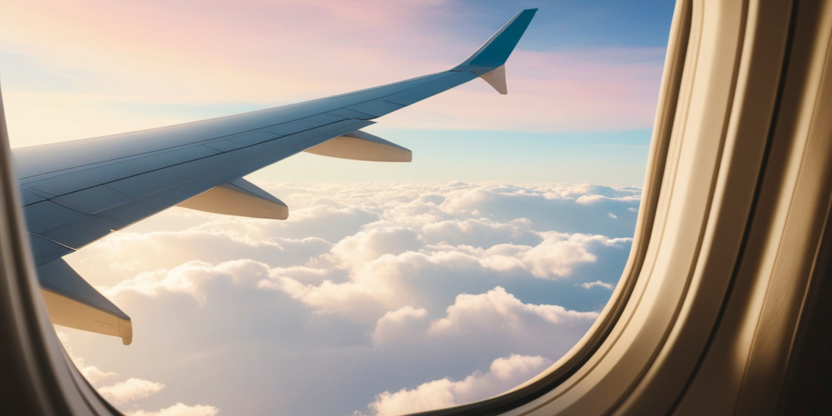 Vue depuis le hublot d'un avion au-dessus des nuages, illustrant le confort du vol d’Egypte Air pour un voyage de Omra au départ de l'aéroport de Lyon Saint-Exupéry.
