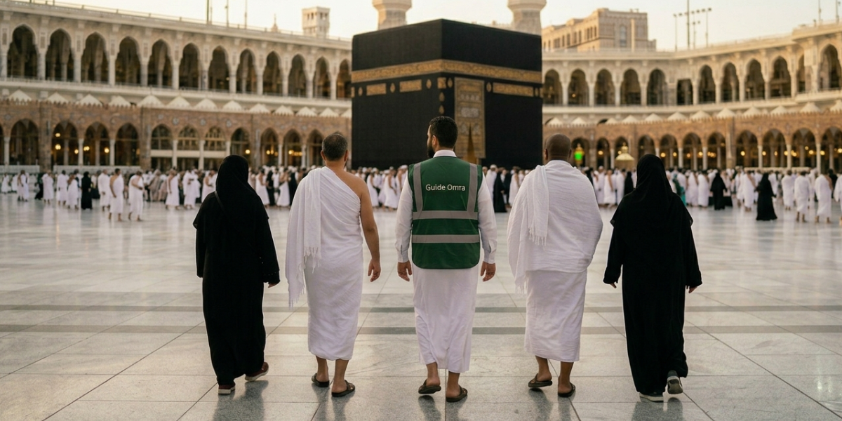 Un guide Omra, vu de dos et portant un gilet "GUIDE OMRA", accompagne un groupe de pèlerins sur l’esplanade de la Kaaba, illustrant la qualité de l’encadrement, l’organisation fluide et l’esprit de fraternité tout au long du séjour.
