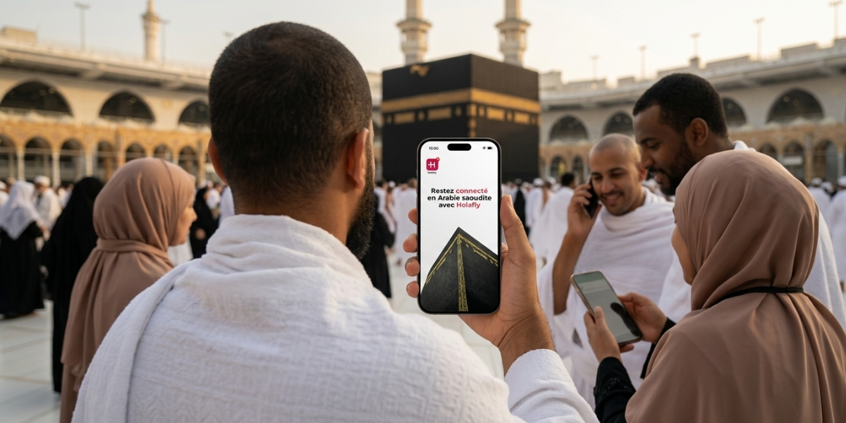 Un pèlerin sur l'esplanade de la Mosquée Sacrée utilise son smartphone pour passer un appel vidéo à sa famille. L'image illustre la facilité de communication grâce à la carte eSIM.