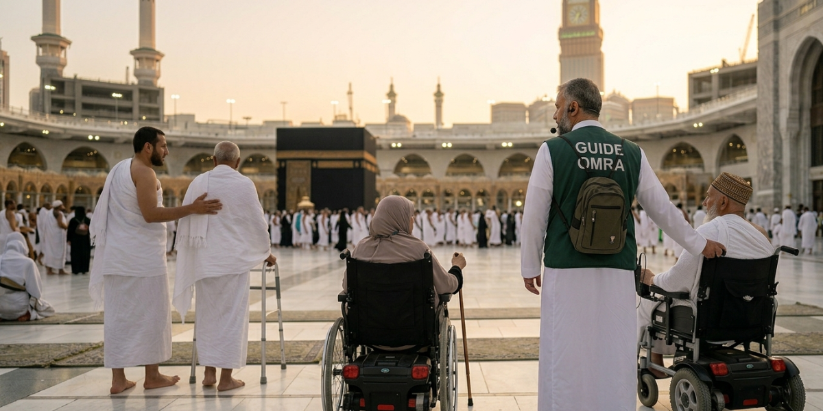 Un accompagnateur avec le gilet "Guide Omra" apporte une assistance spécifique à un pèlerin âgé en fauteuil roulant devant la Kaaba. L'image souligne la logistique adaptée, la vigilance constante et le rythme personnalisé pour assurer le confort et la santé des pèlerins fragiles.