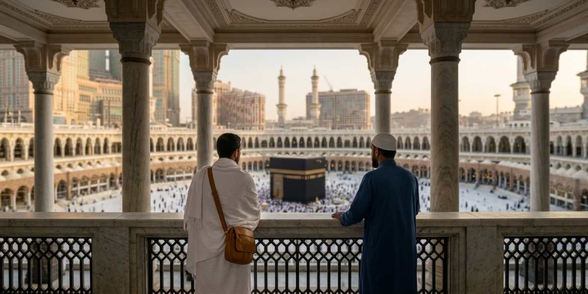Guide personnel Omra : la garantie d'une expérience spirituelle exclusive et individuelle Un pèlerin et son guide personnel observent sereinement la Kaaba depuis un balcon surplombant l'esplanade, illustrant un accompagnement individuel sur-mesure et un soutien psychologique constant loin des foules de masse à La Mecque.