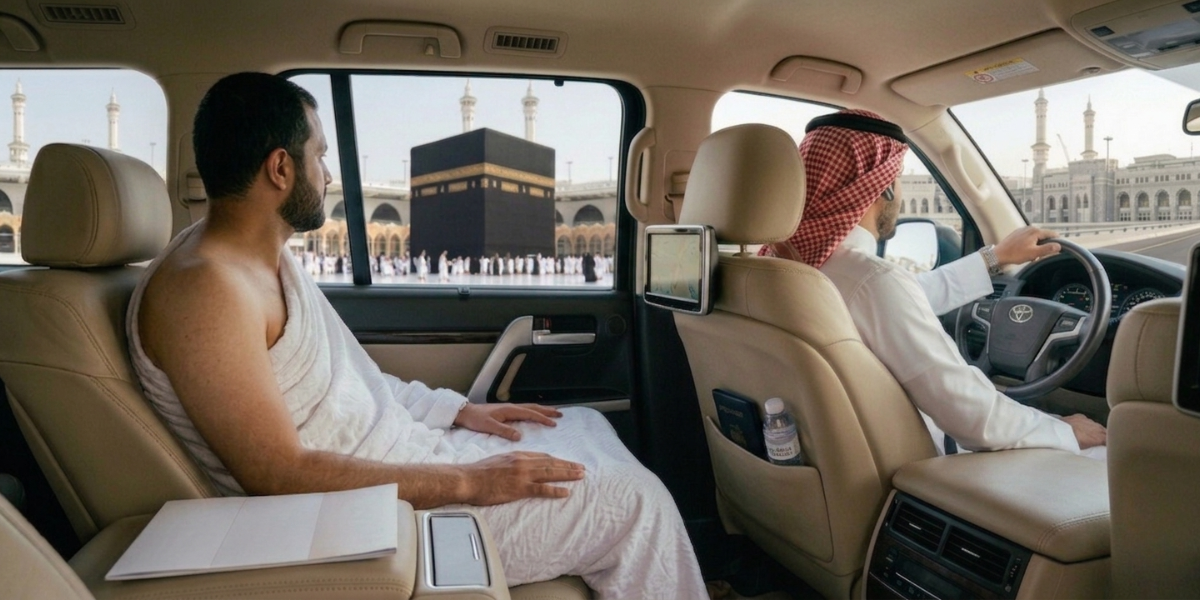 Pèlerin en habit d'Ihram profitant d'un transfert privé face à la Kaaba, illustrant le confort haut de gamme, la maîtrise du temps et l'assistance personnalisée.