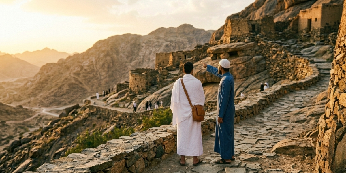 Guide désignant les sites historiques de La Mecque à un pèlerin, illustrant une visite privée riche en récits prophétiques.