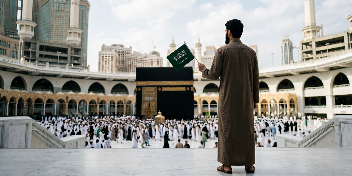Un guide tenant un petit drapeau de l'Arabie saoudite au Masjid al-Haram, illustrant l'accompagnement sur place mis en avant dans les avis et retours d'expérience de nos clients.