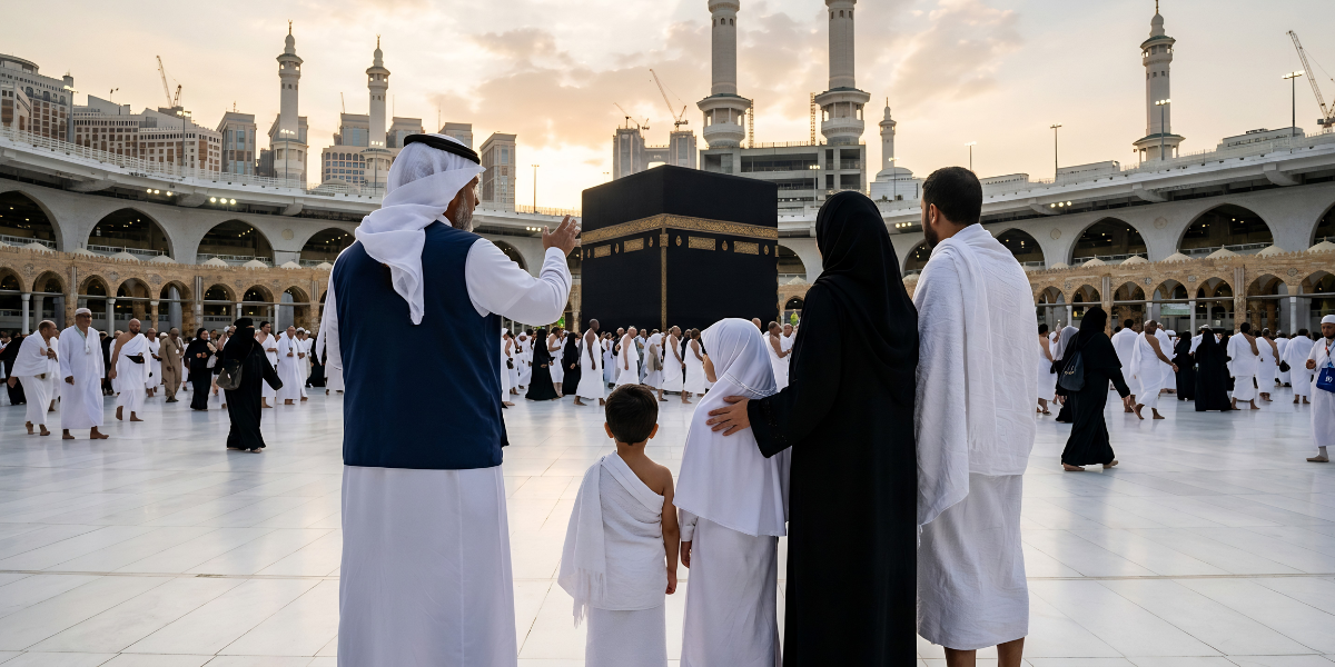 Une famille, composée de parents et de leurs deux enfants, reçoit les conseils d'un guide vêtu d'une tenue traditionnelle saoudienne devant la Kaaba au Masjid al-Haram, dans une atmosphère spirituelle et sereine au coucher du soleil.