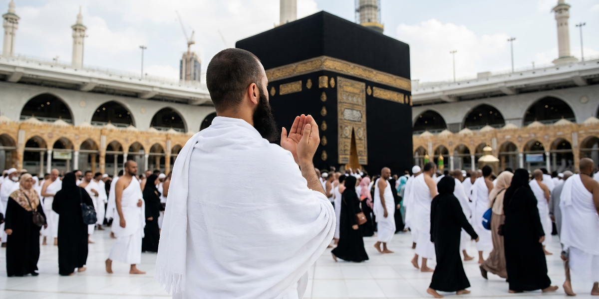 Un pèlerin effectuant des invocations devant la Kaaba, illustrant l'accomplissement d'une Omra Badal par procuration, réalisée avec dévouement par Direct Mecca.