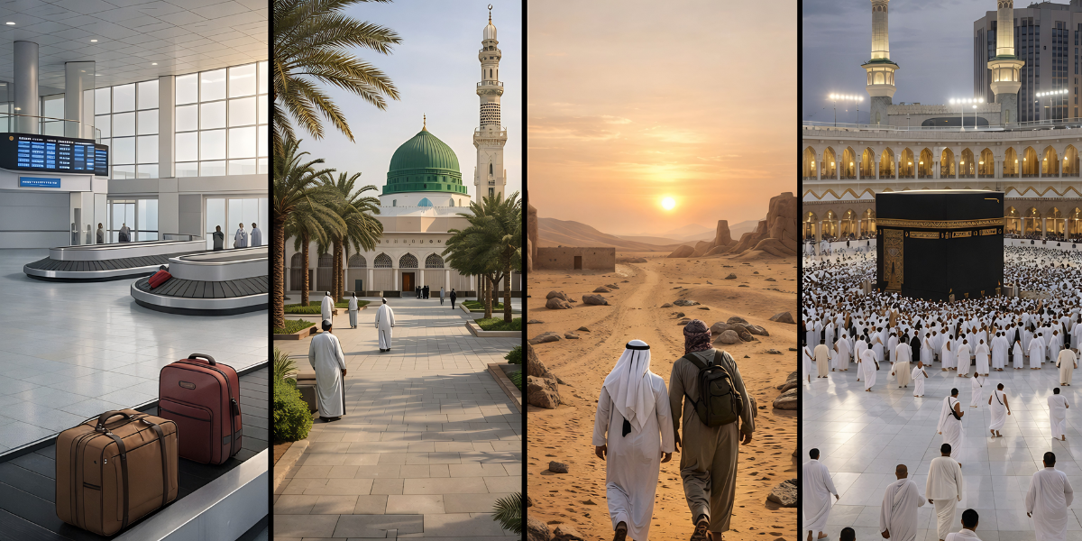 Une composition en quatre images illustrant les étapes clés d'un séjour de Omra : le processus d'arrivée à l'aéroport, une immersion spirituelle dans une mosquée, le passage au Miqat pour l'entrée en état de sacralisation, et la réalisation des rites devant la Kaaba au Masjid al-Haram, reflétant la structure et le suivi de l'accompagnement sur place de Direct Mecca.