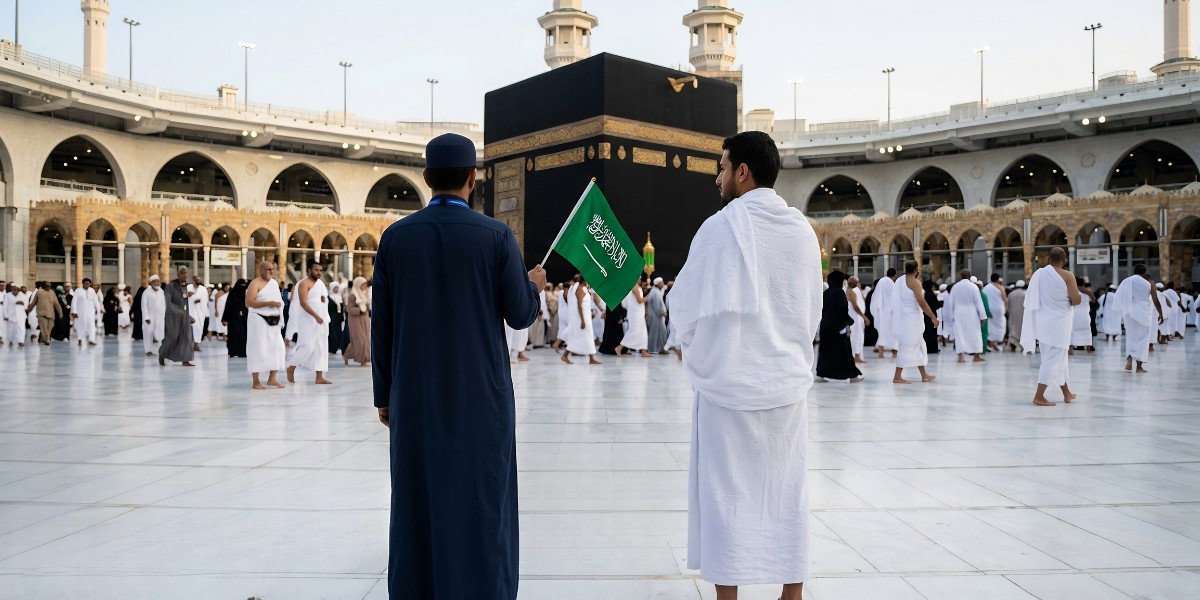Un guide oriente un pèlerin au cœur du Masjid al-Haram devant la Kaaba, reflétant la proximité et la confiance instaurées par l'accompagnement sur place de Direct Mecca.