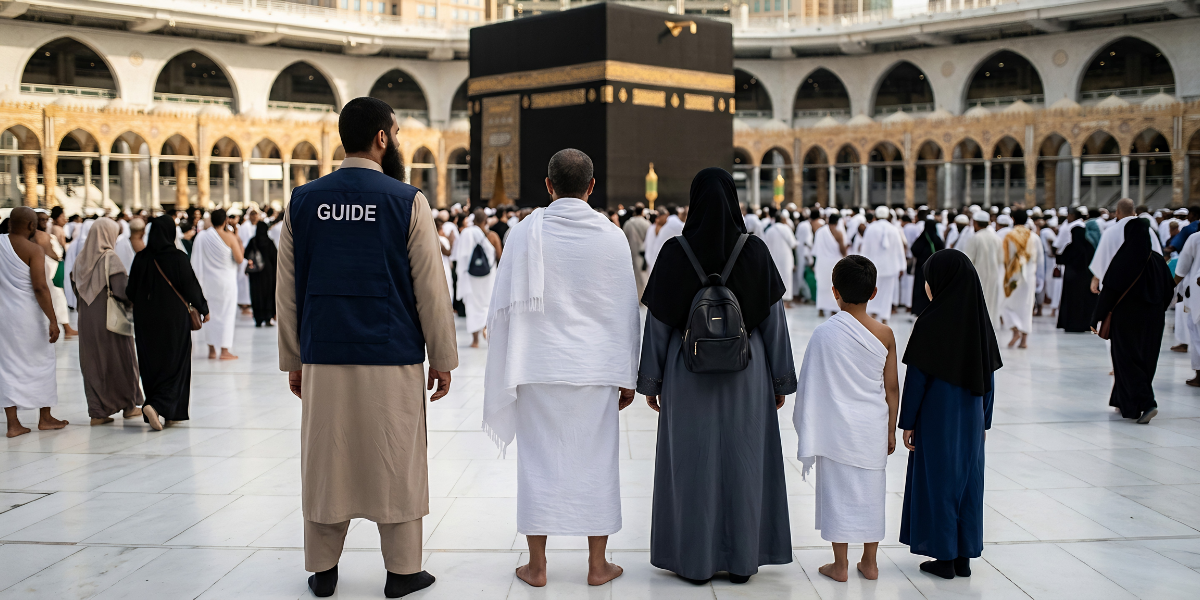 Un guide Omra explique les rites du pèlerinage à une famille avec enfants devant la Kaaba, illustrant l'assistance personnalisée, la sécurité et le gain de temps offerts par un accompagnement spécialisé durant le voyage sacré.