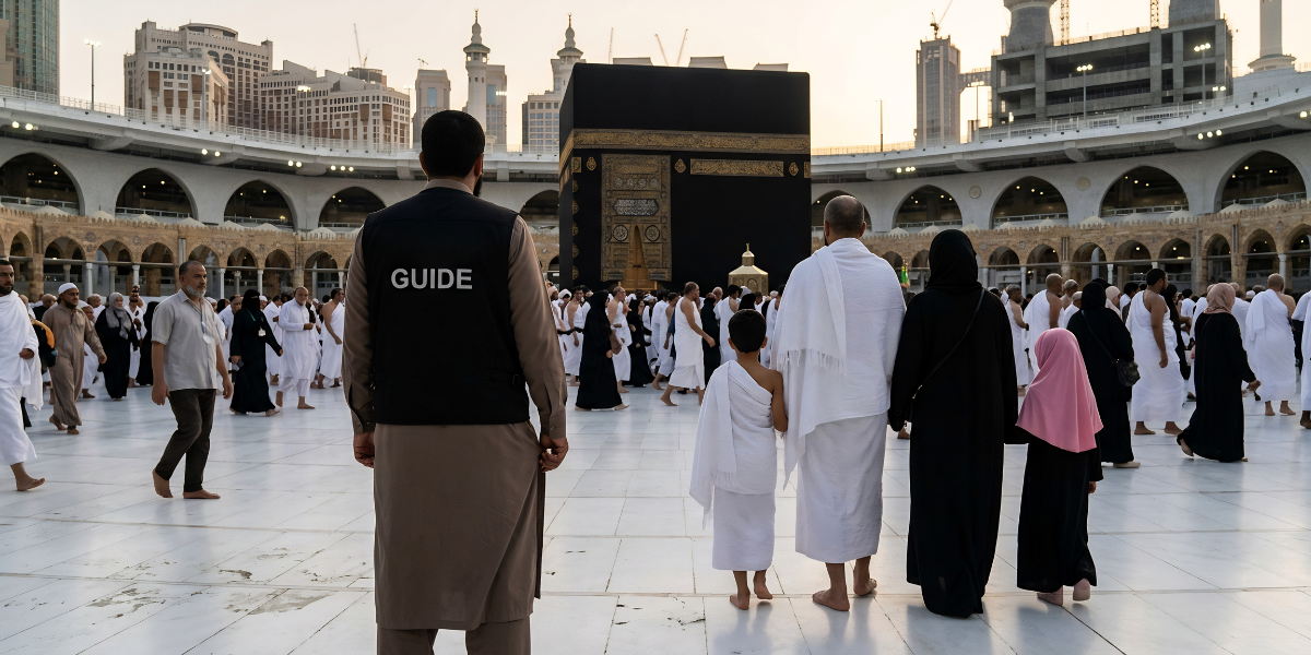 Une famille observant ensemble la Sainte Kaaba, illustrant l'éveil spirituel des enfants et la transmission des rites religieux facilitée par un encadrement adapté durant la Omra.
