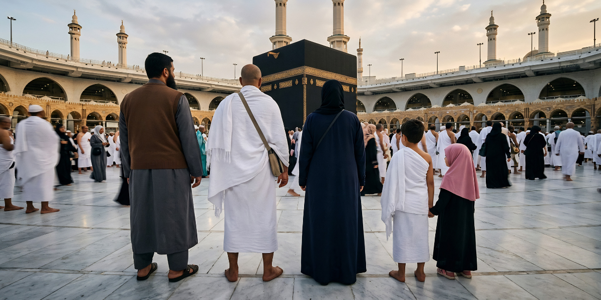 Un guide Omra professionnel accompagne une famille devant la Kaaba à La Mecque, illustrant l'expertise, la pédagogie familiale et l'encadrement personnalisé proposés par Direct Mecca pour assurer la fraternité et le bon déroulement du séjour.