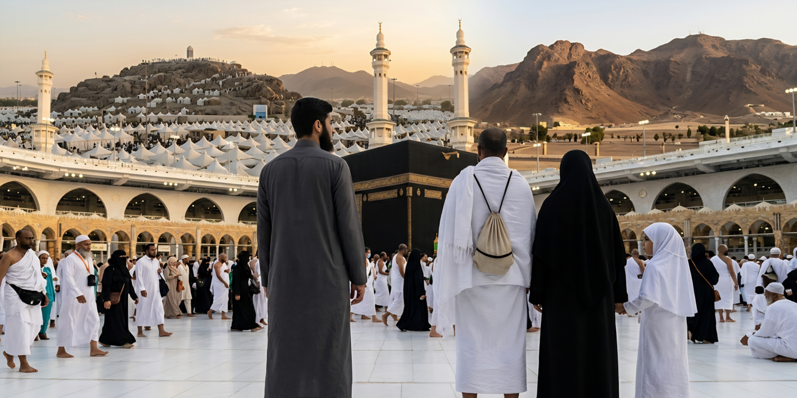 Un guide Omra premium accompagnant un groupe de pèlerins face à la Kaaba et aux montagnes sacrées, illustrant l'accompagnement personnalisé et la découverte des lieux historiques à La Mecque et Médine.
