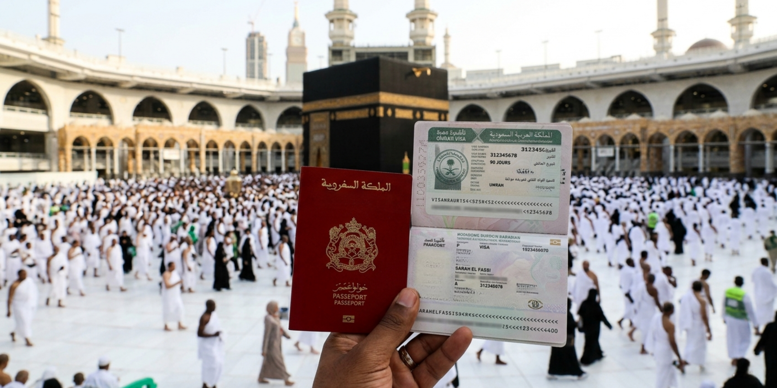 Une main tenant un passeport et un visa Omra devant la Kaaba au Haram, illustrant la gestion des formalités administratives et l'obtention des permis par un guide Omra premium.