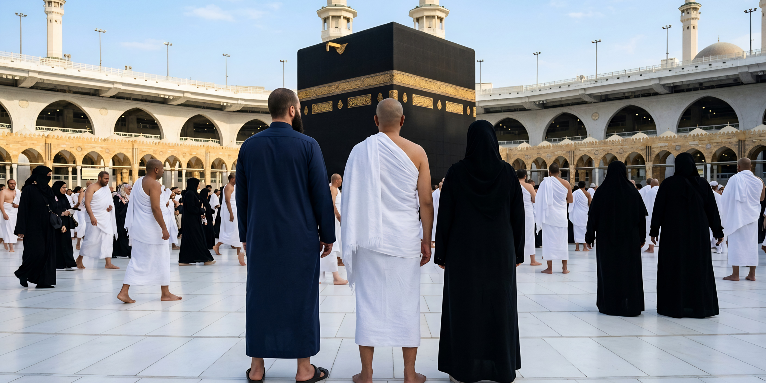 Trois pèlerins de dos — un homme en qamis bleu, un homme en ihram blanc et une femme en abaya noire — debout devant la Kaaba, illustrant l'expertise et le confort d'un service de guide Omra premium.
