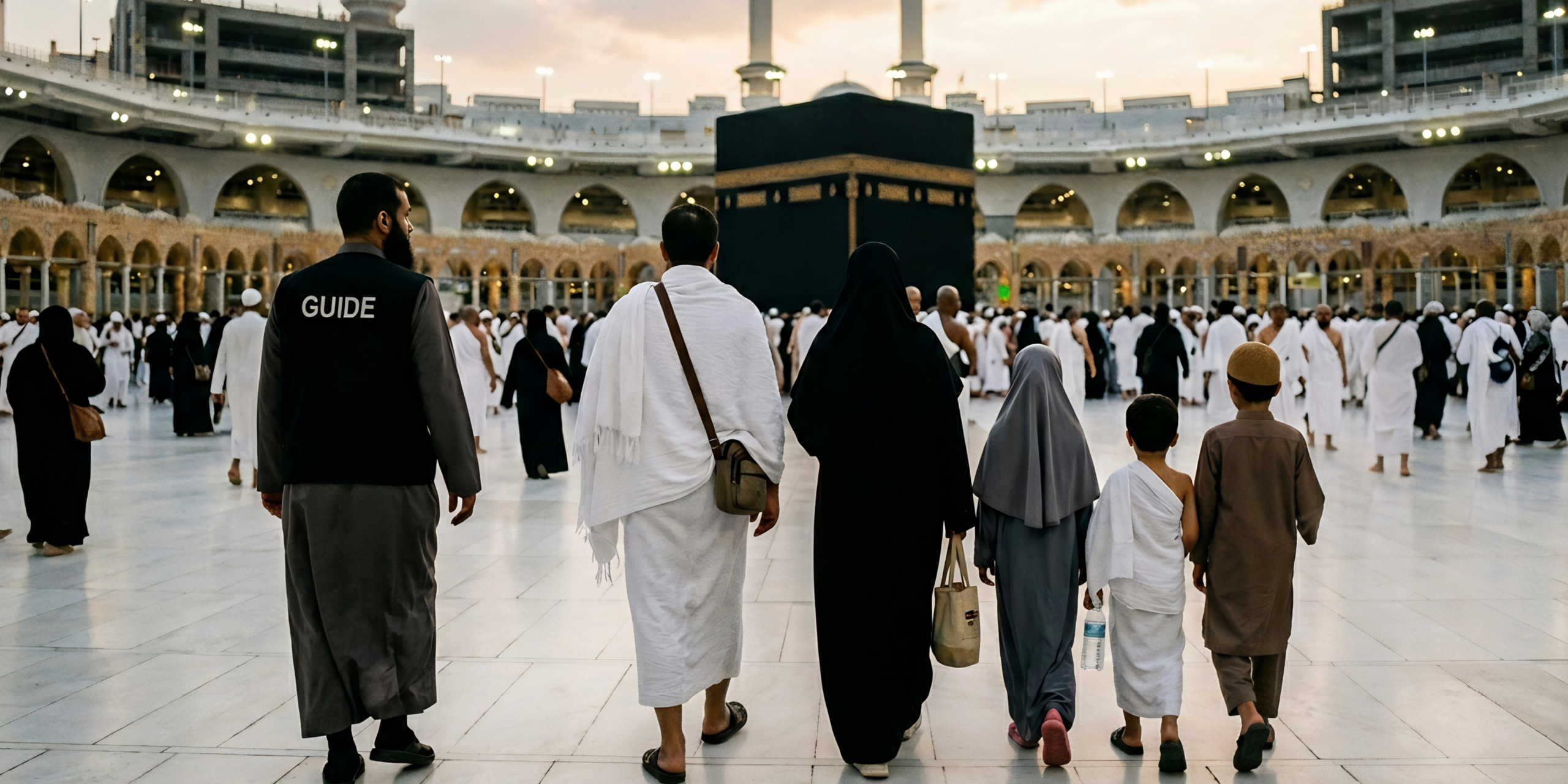 Un guide accompagnant une famille avec des enfants près de la Kaaba à La Mecque, illustrant l'assistance personnalisée du service d'accompagnement de Direct Mecca, adaptée aux petits et grands pour une Omra de qualité en toute transparence.