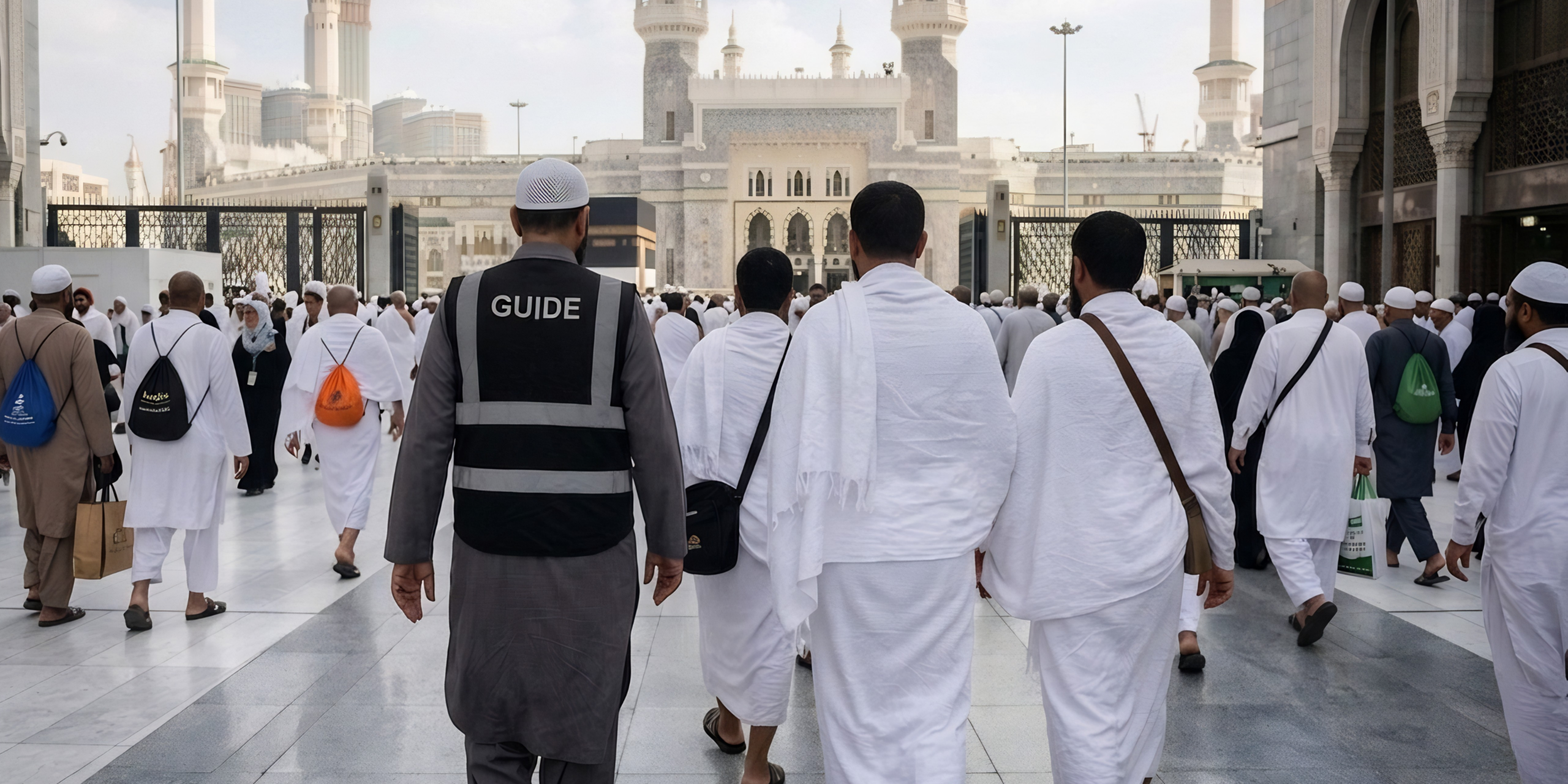 Illustration d'une assistance bienveillante et d'une présence rassurante assurées par l'équipe de Direct Mecca auprès des pèlerins lors de leur séjour à La Mecque.