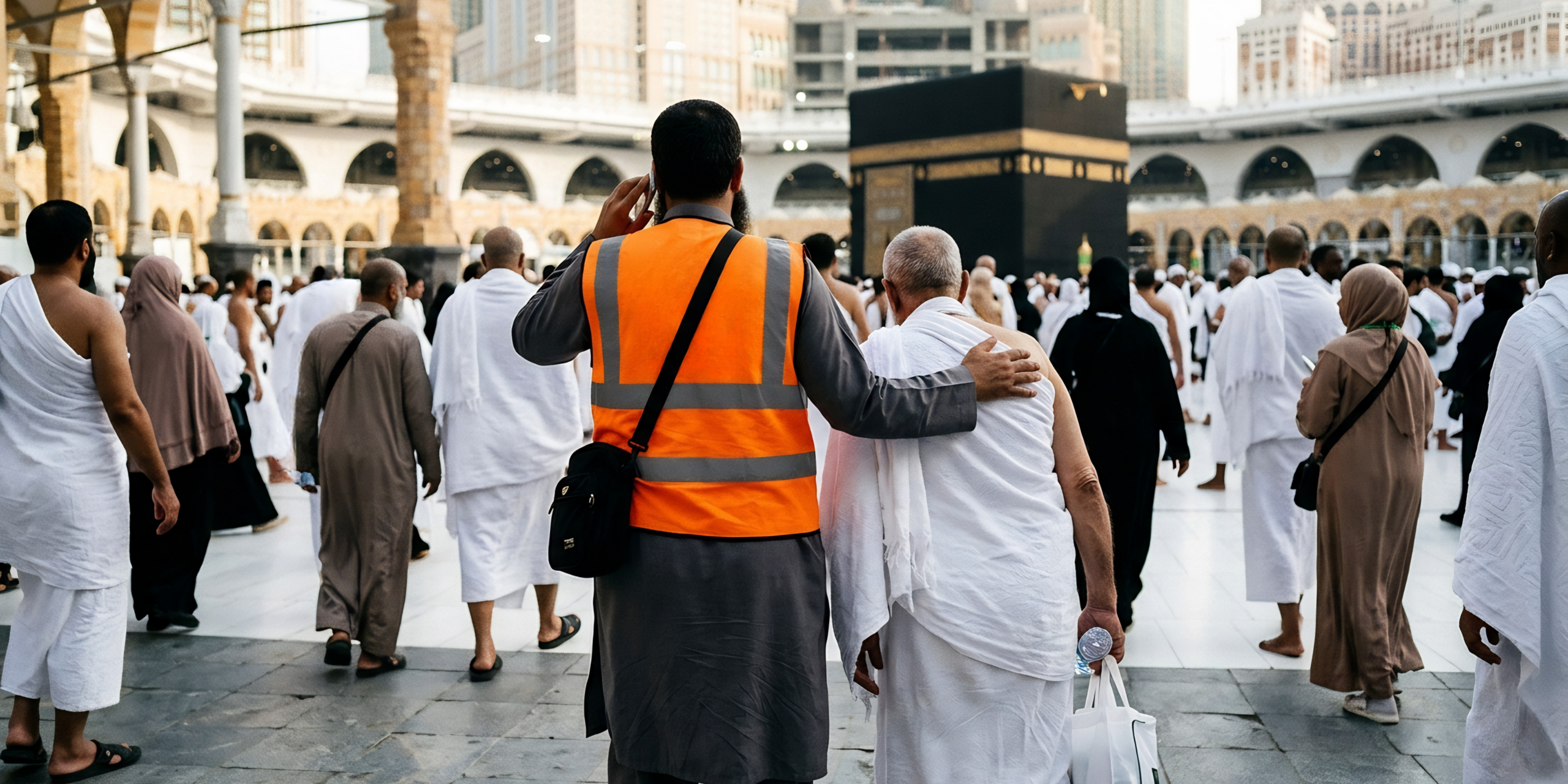 Un guide vêtu d'un gilet orange assistant un pèlerin âgé en tenue d'Ihram près de la Kaaba à La Mecque, illustrant la prise en charge des imprévus et l'accompagnement personnalisé pour un voyage en toute tranquillité.