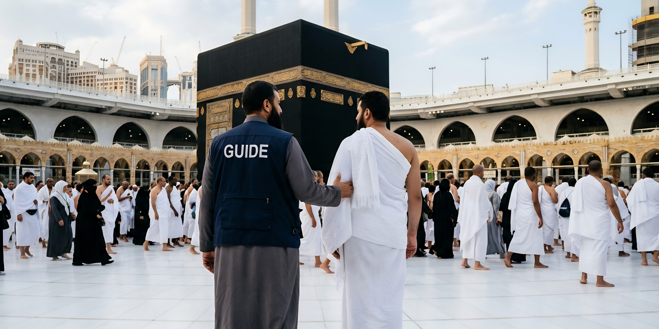 Un guide de Direct Mecca accompagne et conseille un pèlerin vêtu de l'habit d'Ihram devant la Kaaba à La Mecque, illustrant l'apprentissage des rites et le soutien spirituel continu.