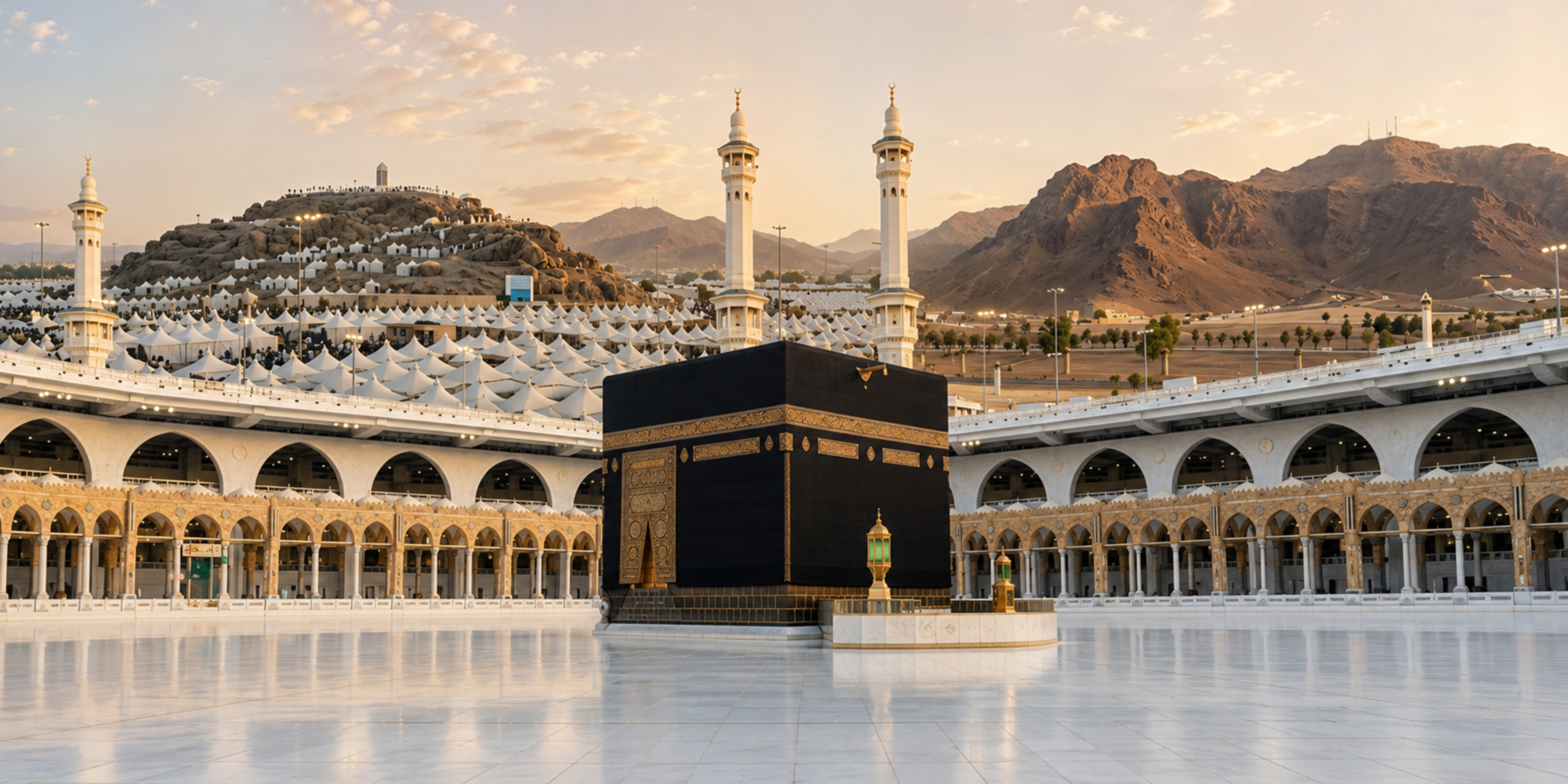 Vue de la Kaaba au centre de la cour de la Mosquée Al-Haram à la Mecque, entourée d'arcades ornées et de minarets, avec en arrière-plan des collines rocheuses et des tentes blanches sous une lumière douce de fin de journée, illustrant l'accompagnement personnalisé et la découverte des lieux historiques à La Mecque et Médine.