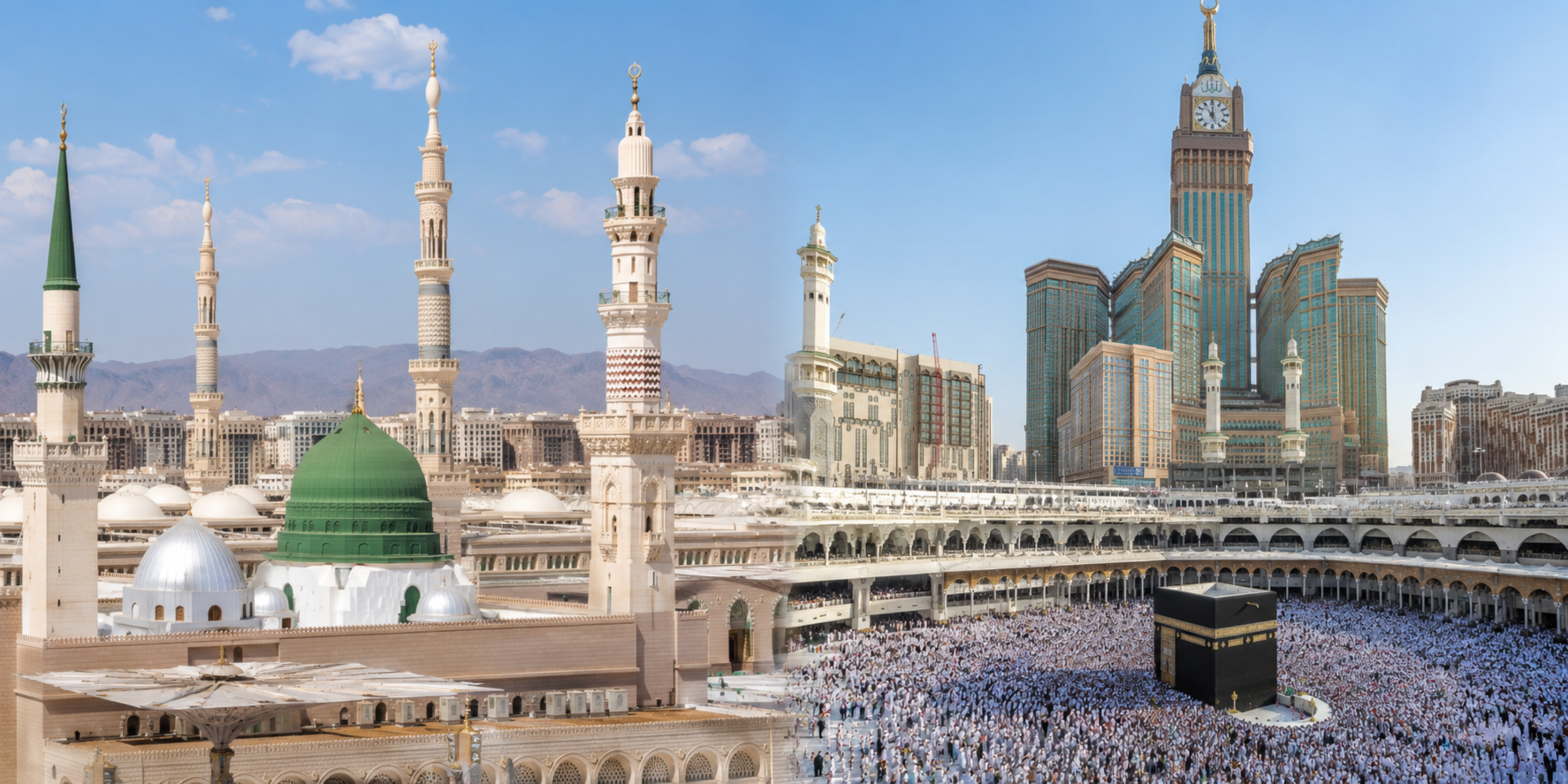 Un montage visuel combinant à gauche le Dôme Vert et les minarets de la Mosquée du Prophète à Médine, et à droite la Kaaba entourée de pèlerins dominée par la Tour de l'Horloge à La Mecque, illustrant le déroulement des étapes et des visites du programme de la Omra en août 2027.