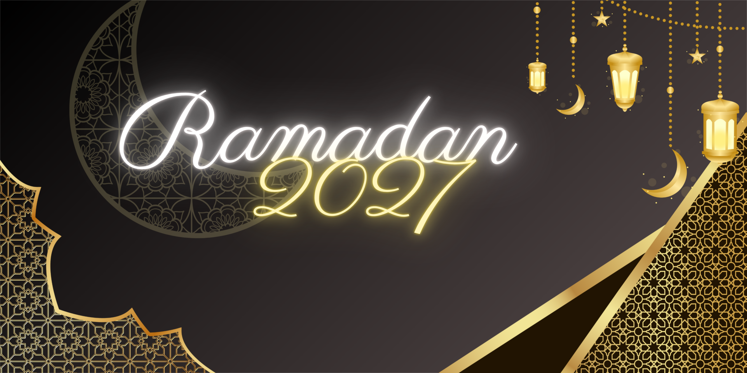 Une illustration graphique élégante sur fond sombre avec des motifs arabesques dorés, affichant le texte lumineux « Ramadan 2027 » accompagné de lanternes traditionnelles (Fanous) et de croissants de lune suspendus, illustrant l'annonce des dates et la préparation de la Omra pour le Ramadan 2027.