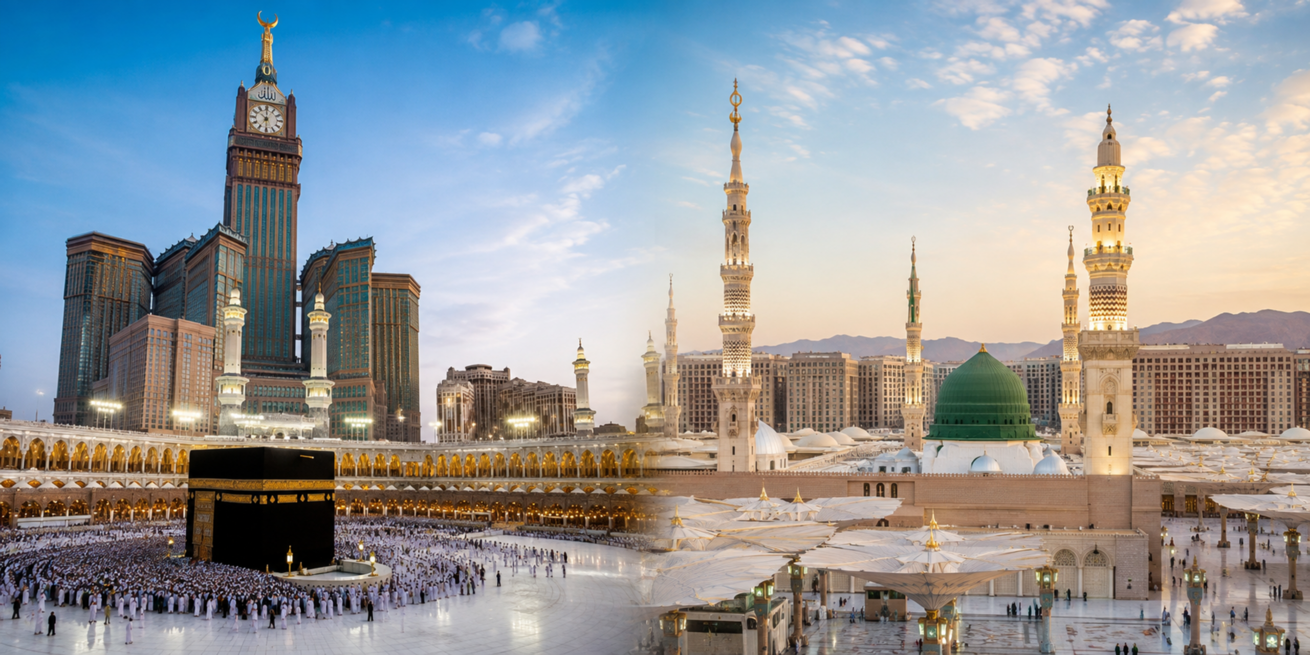 Un montage visuel montrant à gauche la Kaaba et la Tour de l'Horloge à La Mecque sous un ciel azur, et à droite le Dôme Vert et les minarets de la Mosquée du Prophète à Médine avec ses parasols géants, illustrant le déroulement du programme et l'organisation quotidienne d'une Omra durant le Ramadan 2027.