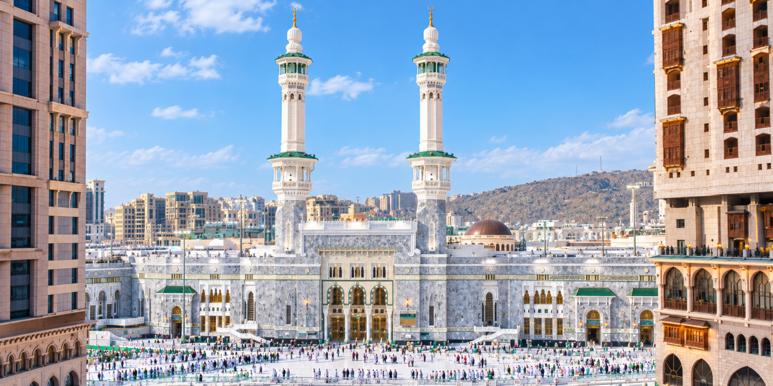 Une vue panoramique depuis Jabal Omar montrant l'esplanade du Masjid Al-Haram et ses grands minarets avec de nombreux pèlerins, illustrant la proximité et l'accès rapide à la Mosquée Sacrée depuis l'Hôtel Conrad Jabal Omar Makkah.