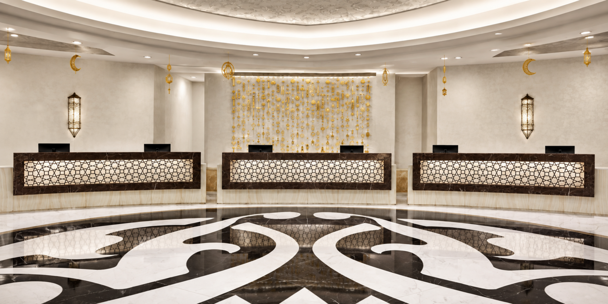 Le grand hall de réception luxueux de l'hôtel proposant des comptoirs en marbre ornés de motifs arabesques, un sol en marbre poli et des suspensions lumineuses orientales, illustrant les services de réception 24/7 et de bagagerie de l'Hôtel Conrad Jabal Omar Makkah.