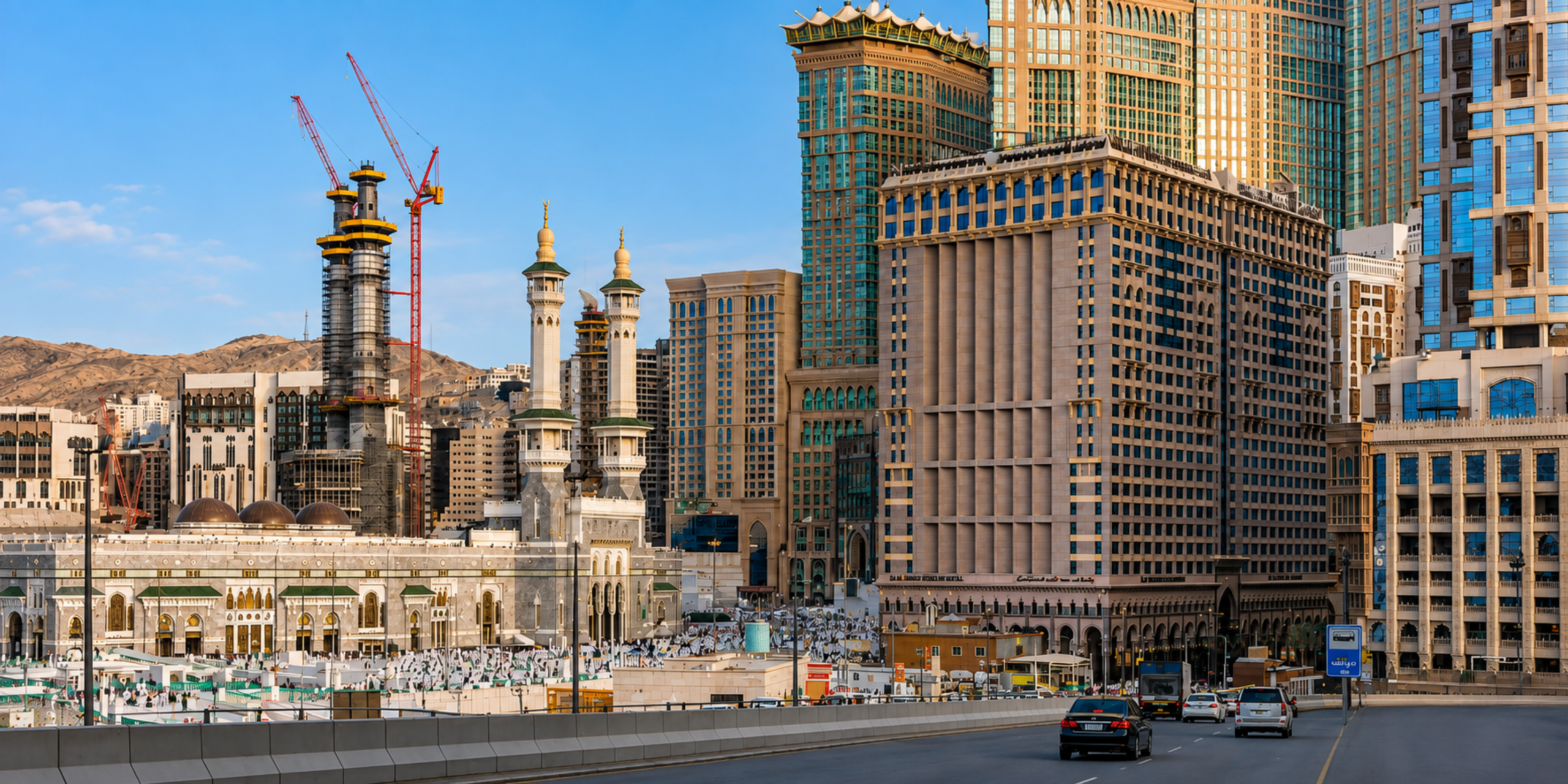 Une vue extérieure de l'hôtel Intercontinental Dar Al Tawhid Makkah situé à proximité immédiate des esplanades et des minarets du Masjid Al-Haram à La Mecque, illustrant l'accès direct aux prières et la vue imprenable sur les lieux saints.